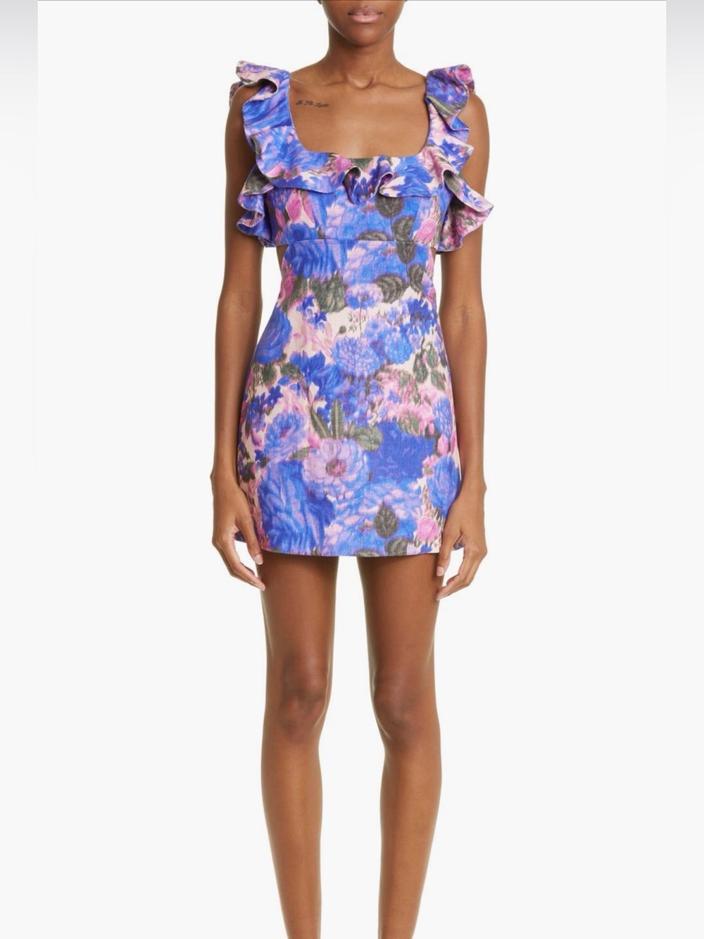 Zimmermann Blue and Pink Floral Ruffle Mini Dress LINEN